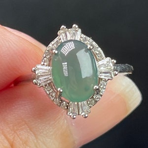 Certified lake green icy translucent jadeite jade (Grade A Type A) Cabochon ring