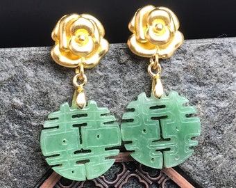 Full green translucent round disc double happiness carved Jadeite jade (Grade A) earrings with 925 sterling silver earrings findings