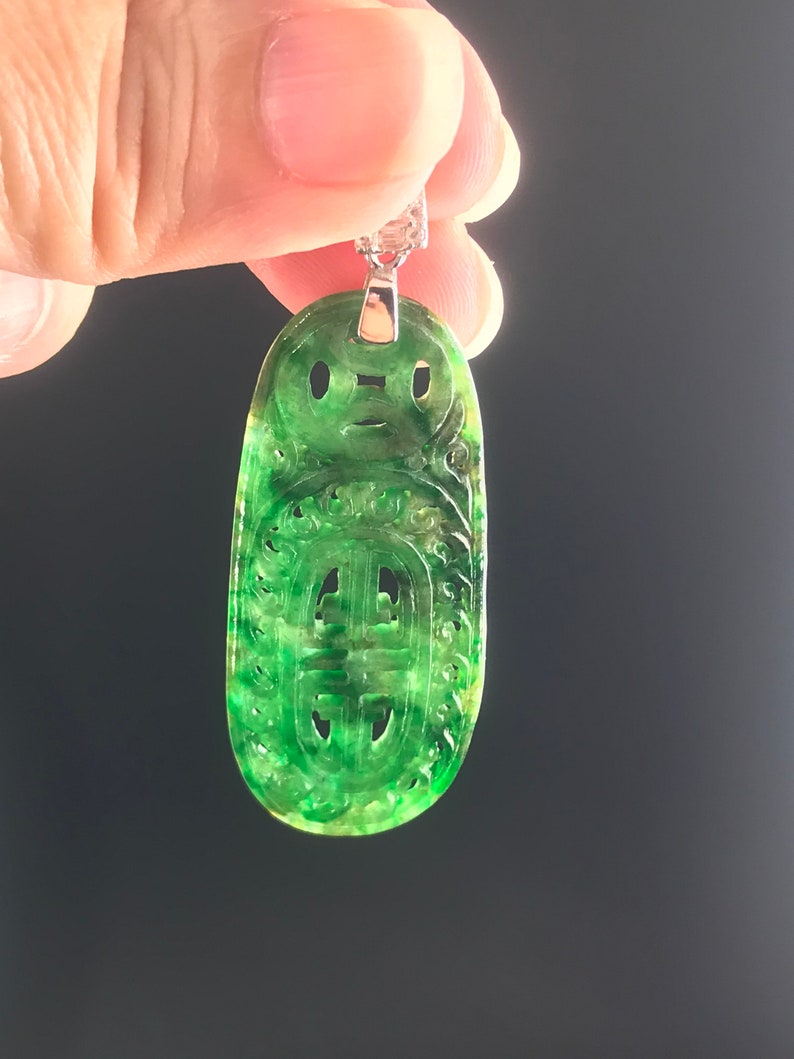 Beautiful vivid full green carved Burmese jadeite jade pendant with 925 sterling silver cubic zirconia bail Type A