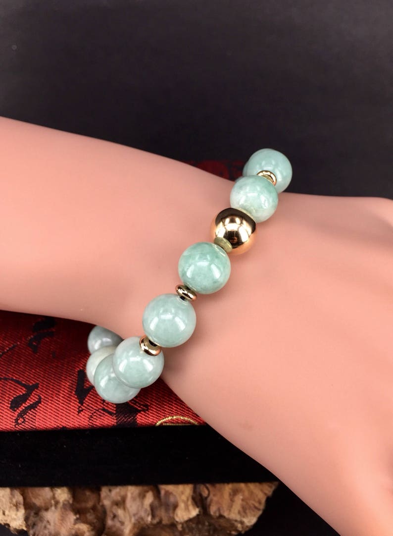 Grade A Type A Light Green Burmese Jadeite Jade beads bracelet with 14k gold filled spacer beads