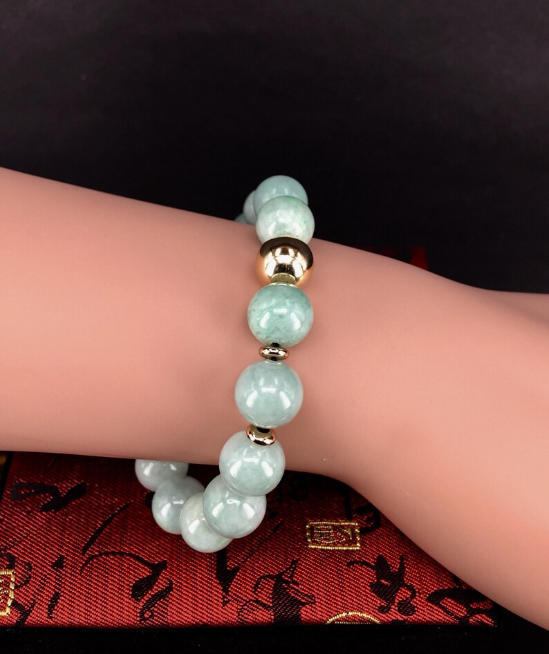 Grade A Type A Light Green Burmese Jadeite Jade beads bracelet with 14k gold filled spacer beads