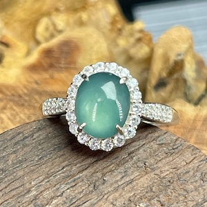 Certified Quality icy translucent beautiful blue green Burmese jadeite jade (Grade A Type A) cabochon ring