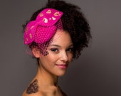 Magenta Pink Small Felt Fascinator with Oversized Leopard Print Bow and Pink Veil