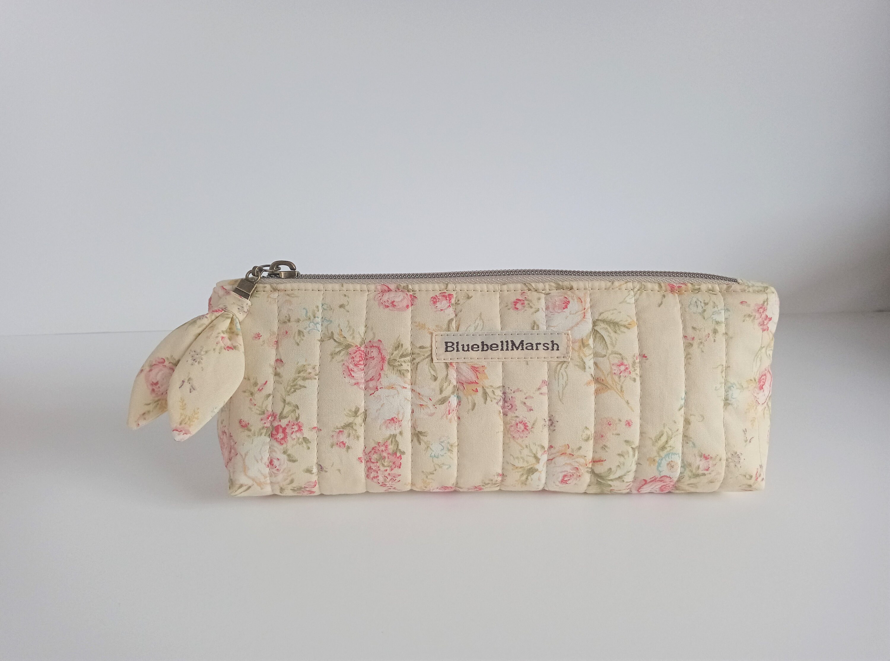 Quilted Pencil Case / Quilted Floral Strawberry Pouch / White, Green and Pink  Pencil Pouch With Zipper 