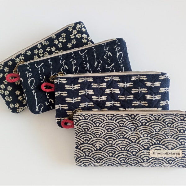 Quilted Zipper Pouch, Japanese Indigo, Phone Pouch