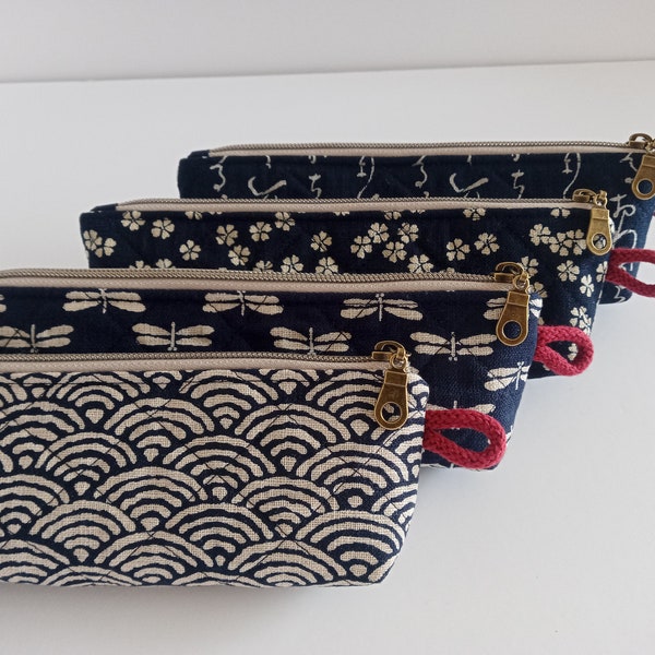 Pochette matelassée à fermeture éclair, Indigo japonais, Trousse, Étui à lunettes