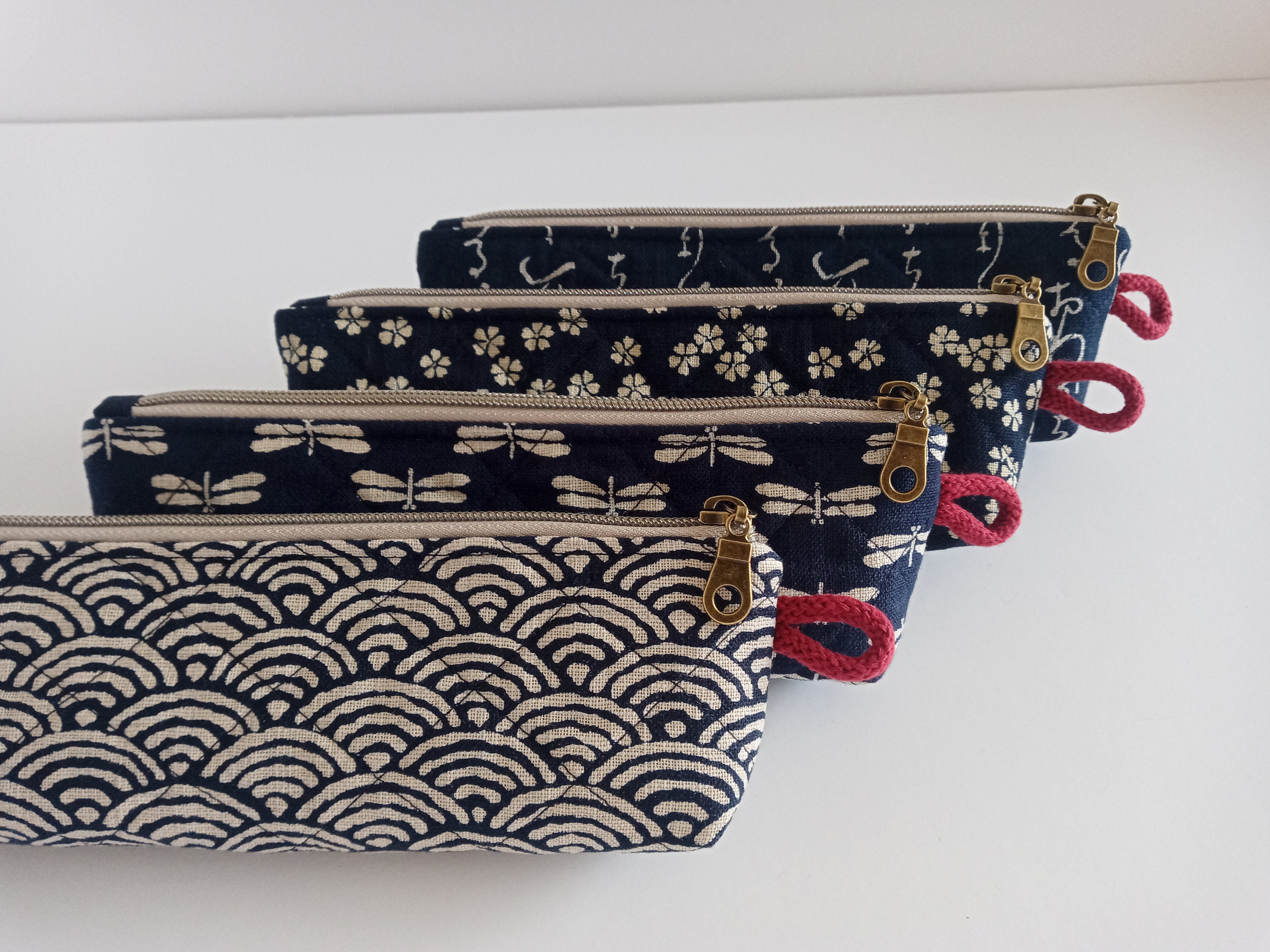 Pencil Case LEATHER & Fabric Asanoha Dark Blue JAPANESE UNIQUE 