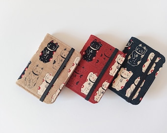 Minimalist Card Wallet with keychain option, Japanese Lucky Cats,