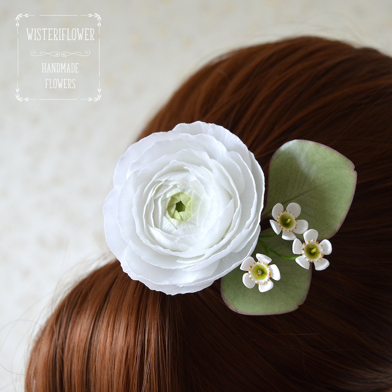 White flower Wedding hair piece Eucalyptus wedding hair pin Bridal Tropical wedding Bridesmaid gift Ranunculus Wax flower Woodland headpiece