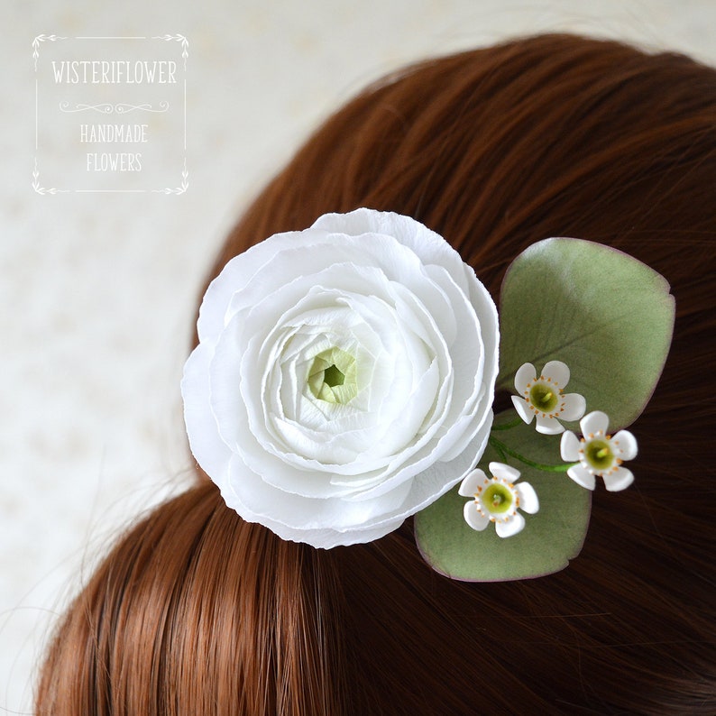 White flower Wedding hair piece Eucalyptus wedding hair pin Bridal Tropical wedding Bridesmaid gift Ranunculus Wax flower Woodland headpiece