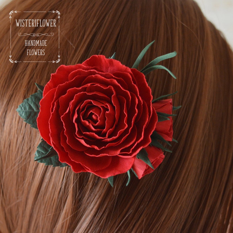 Deep red rose Hair clip Bridesmaid accessories Red hair piece Burgundy hair flower Marsala Wedding hair clip Flower for hair Red wedding