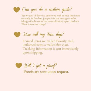 May include: A graphic with frequently asked questions about custom quotes, shipping, and proofs. The graphic features a heart icon and gold text on a pink background.