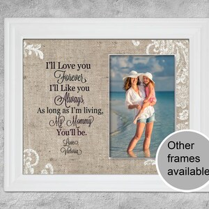 May include: White framed photo with a picture of a mother and child at the beach. The left side has text that reads "I'll Love you Forever, I'll Like you Always, As long as I'm living, My Mommy You'll be. Love Victoria."