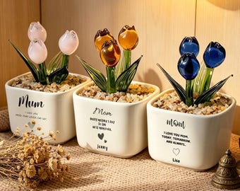 Maceta de tulipanes de vidrio translúcido, regalo para mamá, regalo de cumpleaños para el Día de la Madre, recuerdo personalizado soplado a mano, maceta personalizada, regalo para la abuela