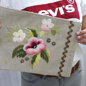 XL linen zipper clutch hand embroidery, floral design needle painting technique  silk lining one of a kind
