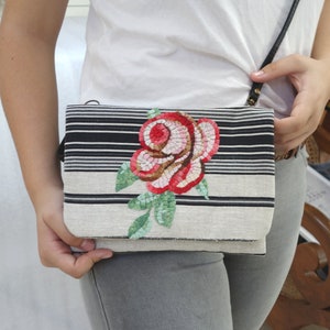 LAST CHANCE Linen evening clutch, handembroiered, mosaic design linen lining removable strap one of a kind item,