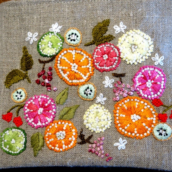 Pouch citrus hand embroidery on linen