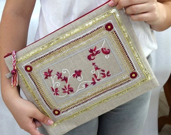 Rich hand embroidered zippered clutch ethnic design one of a kind item