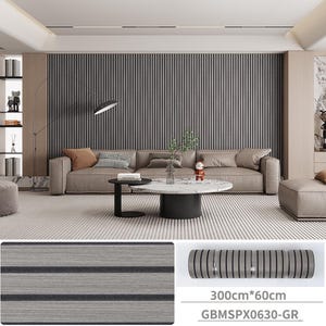 May include: A modern living room featuring a gray and black slatted wall panel. The room includes a beige sofa, a marble coffee table, and a black side table. The image also shows a close-up of the wall panel with the dimensions 300cm x 60cm.