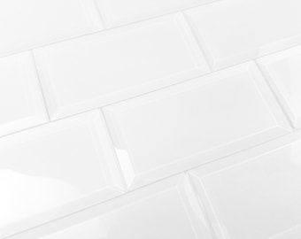 Peel and Stick White 3 in. x 6 in. Glossy Beveled Glass Subway Wall Tile , 10.5 Sq. ft. per box (84 pcs per box)