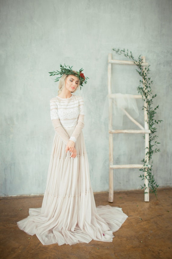 Ultra Vintage Wedding Dress With Long Sleeves Blush Color Etsy
