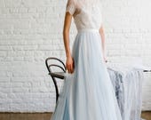 Viki / Light blue wedding dress with lace trimmed back and short sleeves / Boneless