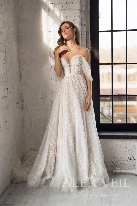 KASSANDRA Gorgeous Wedding Dress with Open Shoulders and back, Off Shoulder Sleeves by Alex Veil Bridal, Etsy