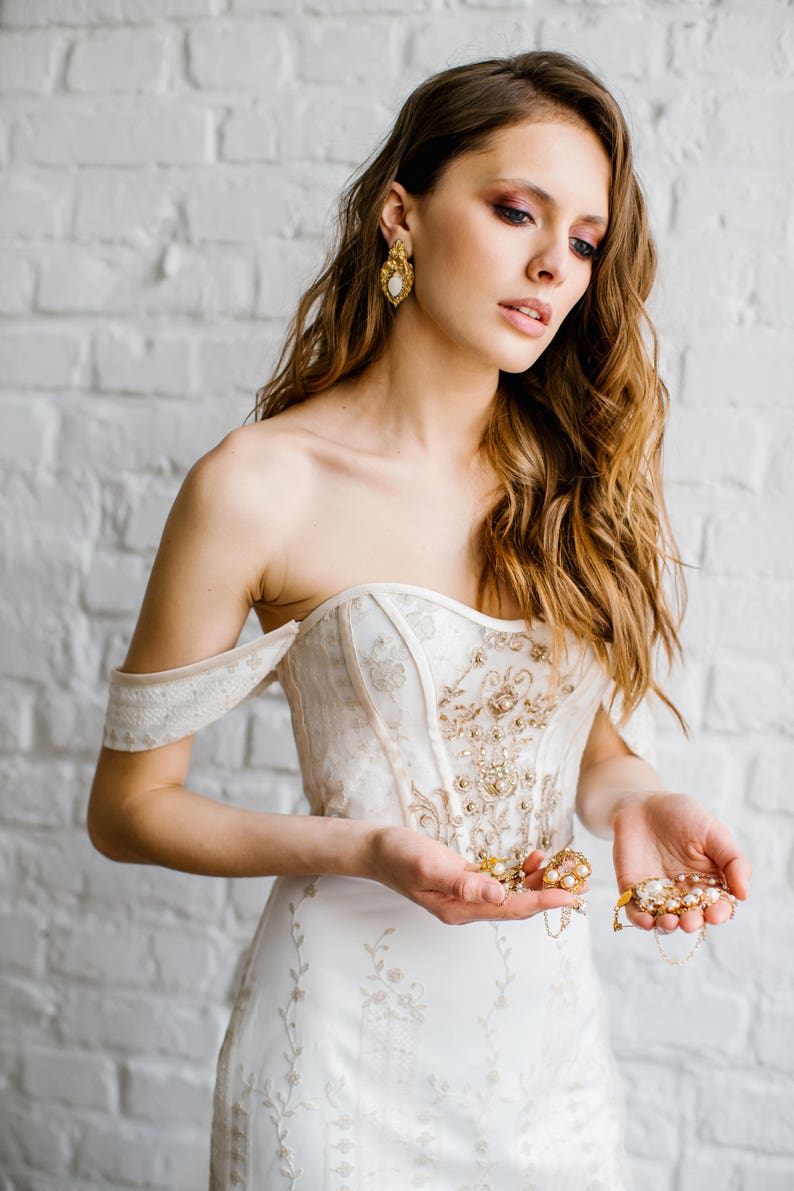 Wedding dress 'MARGARET'/ Exquisite golden french lace wedding dress, sheath wedding dress, gold wedding dress, luxury wedding dress, Alex Veil Bridal, Etsy