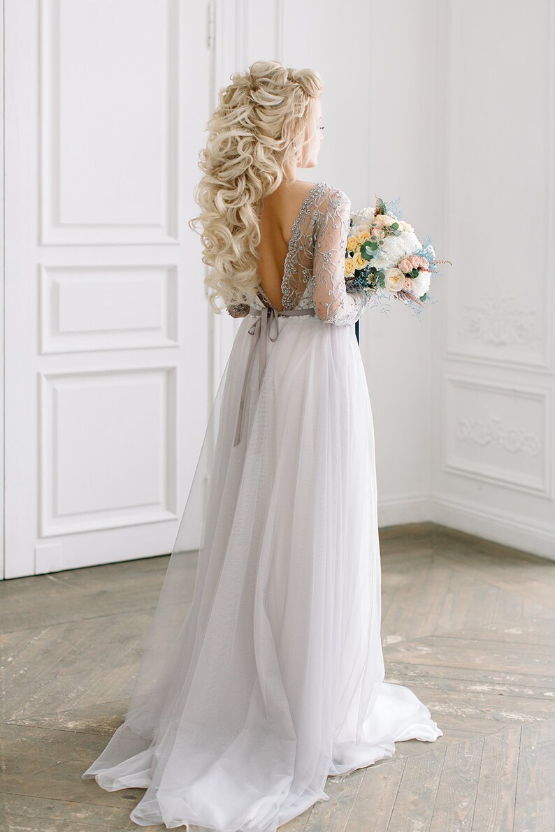 Long Sleeve Wedding Dresses with Grey