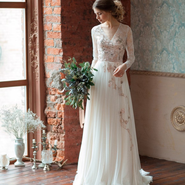 abito da sposa in pizzo GLORIA / abito da sposa a maniche lunghe, abito da sposa confortevole, abito da sposa disossato, abito da sposa leggero, coperto di schiena