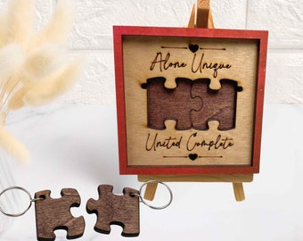 Couples Mini-Frame and Keyrings | Wooden 4" Frame and Puzzle Keyring Set | Alone Unique United Complete | Perfect Gift for Newlyweds