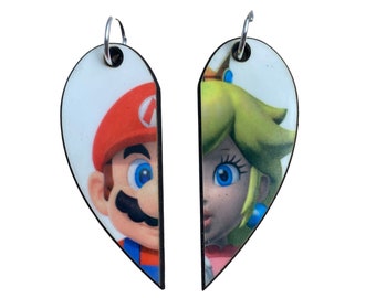 Mario and Princess Peach Matching Heart Necklaces, Keyrings | Valentines Couples or BFF Gift | Mario Bros. Gift for Him or Her