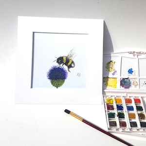 Bumble bee & thistle print mounted birthday or friendship gift nature lovers unusual gift Summer flowers art