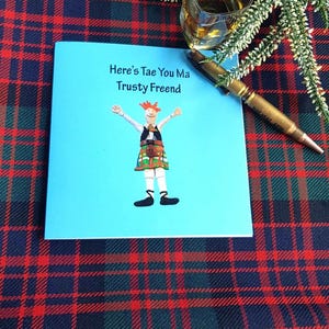 Tarjeta de tartán escocés para cualquier ocasión, tarjeta de las Tierras Altas con kilt en blanco por dentro, tarjeta de cumpleaños o de agradecimiento que se puede personalizar por dentro.