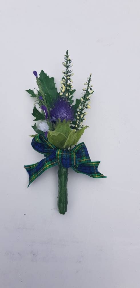 Scottish Buttonhole Thistle Purple Heather White Rose Tartan Made To Order 