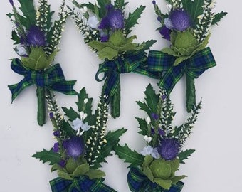 Back by Popular Demand Artificial Triple Thistle/White Heather/Rose  Buttonhole 