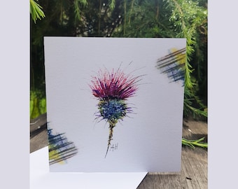 Red thistle card for any occasion, birthday retirement or thank you, crafted from a water colour print can be personalised blank inside