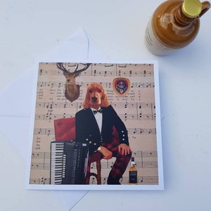 Cartão incomum para amantes de cães, cartão para eventos escoceses, cartão em branco dentro, amantes de música animal, cartão com acordeão pode ser personalizado