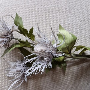 Sea Holly thistle flower in grey, green, aqua or white with 3 heads  everlasting artificial for corsages buttonholes cake toppers bouquets