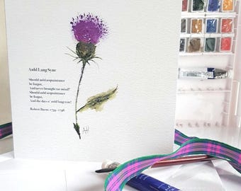 Carte chardon écossaise personnalisée vierge à l'intérieur, fleurs violettes, aquarelle avec un vers de Robert Burns.