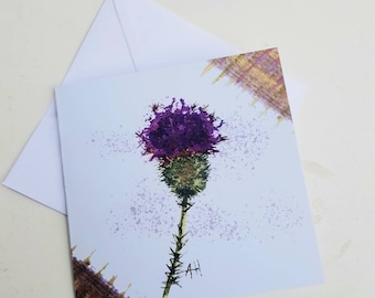 Thistle card purple can be personalised for any occasion friendship birthday anniversary 80th welcome leaving blank inside easily framed.