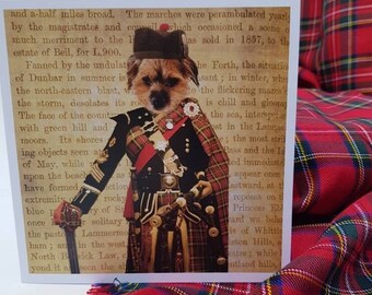 Dog Border terrier card piper bagpipes for any occasion blank inside animal lovers highland bagpipe gift can be personalised inside