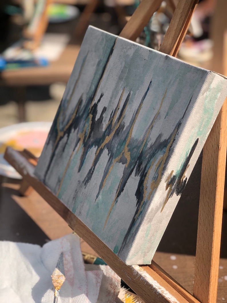 SOLD Original abstract ikat painting with gray,gold,black,and blues