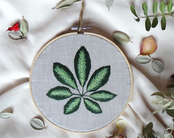 Botanical embroidery hoop, Green leaves embroidered hoop,  Embroidered home decor, Hand stitched hoop, Housewarming gift, Plants embroidery