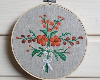 Orange flowers embroidery hoop, Hand embroidered hoop, Botanical wall art, Embroidered home decor, Orange wildflowers bouquet decor