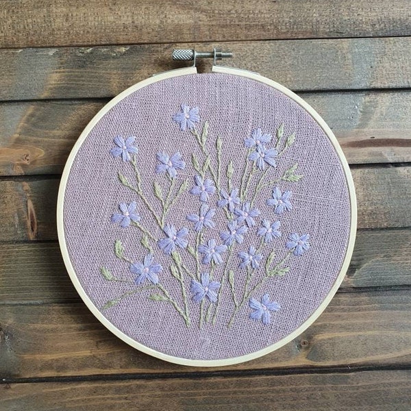 Forget-me-nots embroidery hoop, Lilac wildflowers, Botanical rustic wall art, Vintage romancecore home decor, Housewarming gift