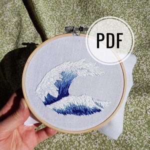 May include: A blue and white embroidered wave design in a wooden embroidery hoop. The hoop is on a green floral fabric background. The word "PDF" is written in white on a white circle.