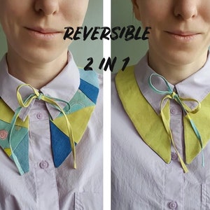 Patchwork linen collar, Detachable blue yellow collar, Handmade reversible collar, Sustainable gift for her