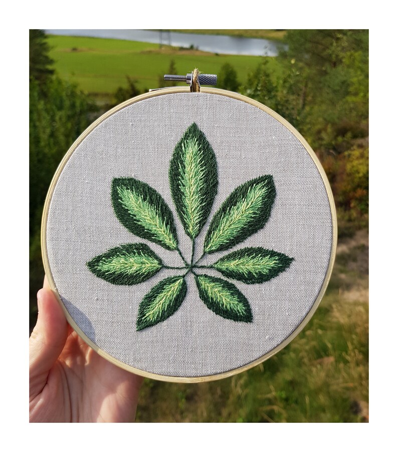 Botanical Embroidery Hoop, Green Leaves Embroidered Hoop, Embroidered