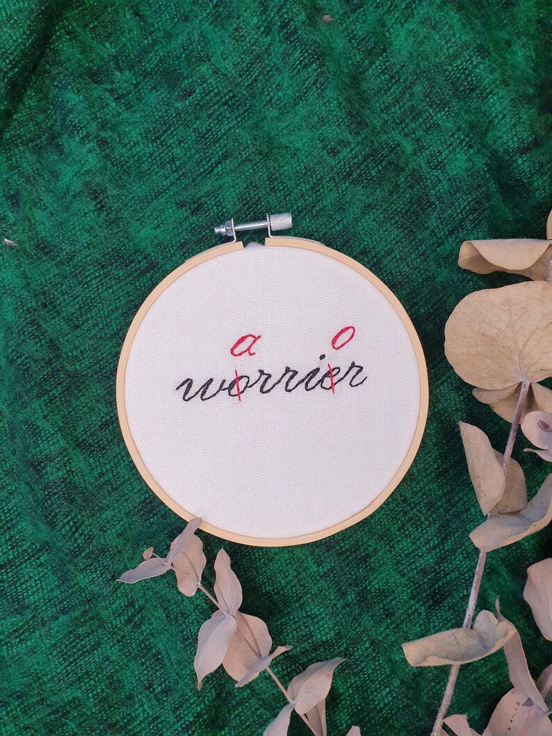 Warrior not worrier inspirational embroidery hoop, Self love wall art, Minimalist wall hanging, Motivational quote, Housewarming gift image 4